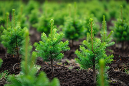Spruce trees nursery or plantation, growing a young forest.の素材
