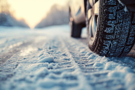 Close-up image of a car tires on the road in winter.の素材