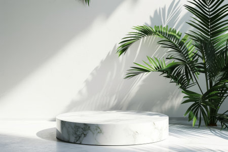 Luxury empty marble podium with tropical leaves and plant shadow on white wall for product placement display.の素材