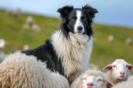 Border Collie sheep dog working a flock of sheepの素材