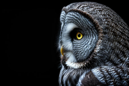 Great gray owl Strix nebulosa isolated on black backgroundの素材