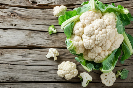 Fresh raw cauliflower on wooden table.の素材