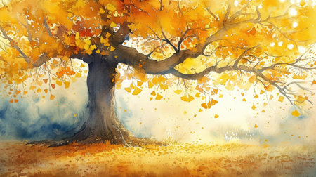 A majestic Ginkgo tree in a vibrant autumn setting with golden leaves, watercolor painting on textured paperの素材