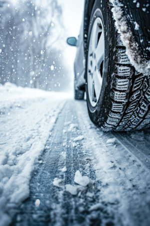 Close-up image of a car tires on the road in winter.の素材