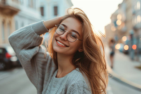 Happy lady with glasses posing on street in city.の素材