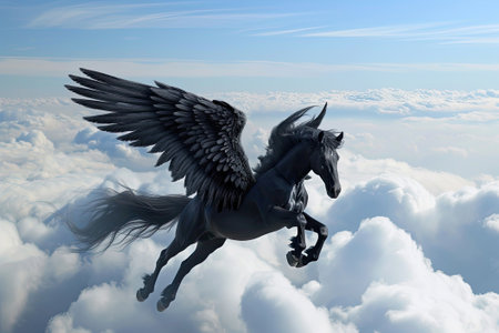 Majestic black Pegasus horse flying high above the clouds.の素材