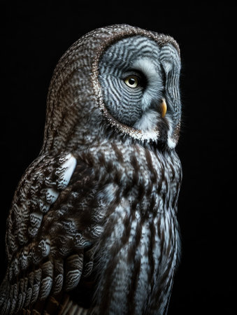 Great gray owl Strix nebulosa isolated on black backgroundの素材
