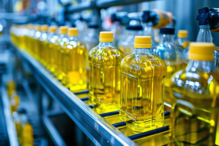 Bottling line of sunflower oil in bottles. Vegetable oil production plant. Industrial backgroundの素材