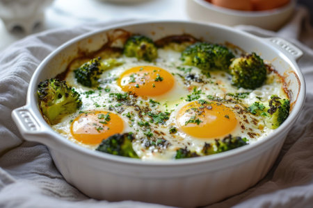 Baked broccoli with eggs and cheese, vegetarian food.の素材