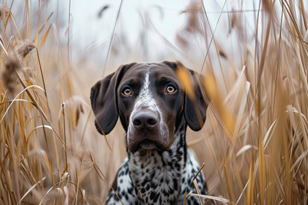Hunting dog in tall grass. German Shorthaired Pointer.の素材