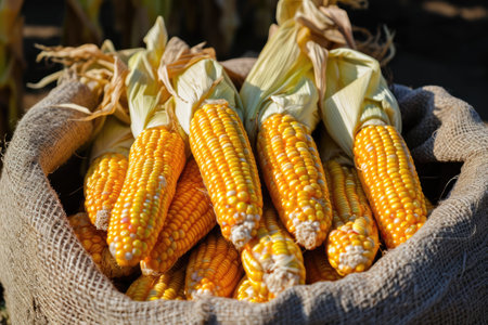 Fresh corn on cobs in a jute bagの素材