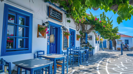 Greek culture with traditional white and blue greek architecture, taverna.の素材