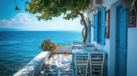 Greek culture with traditional white and blue Greek architecture, taverna by the seaの素材