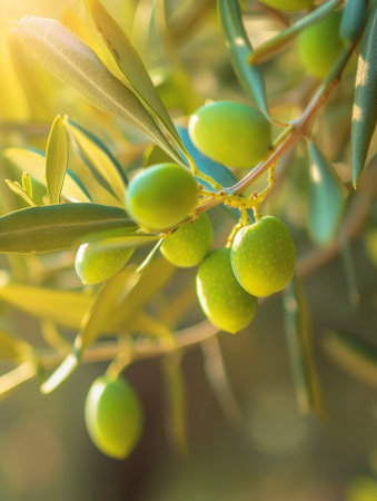 Closeup of green olives in sunny day.の素材