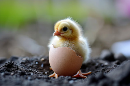 Yellow chicken hatching from egg.の素材