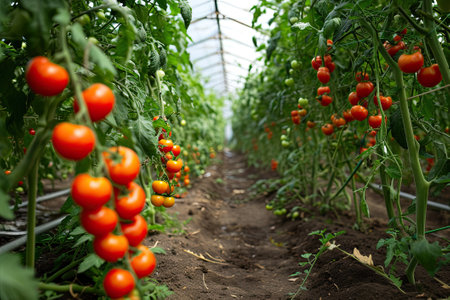 Fresh organic ripe tomatoes branch growing in greenhouseの素材