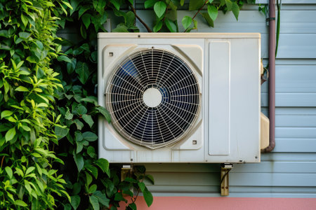 Air source heat pump installed in residential building.の素材