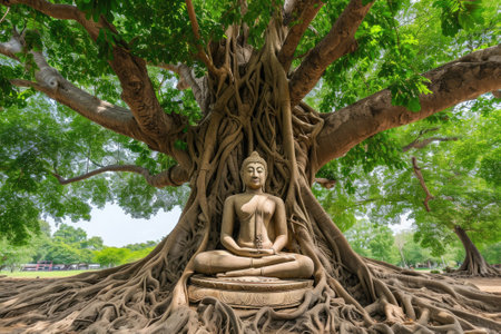 Ancient buddha statue under big tree.の素材