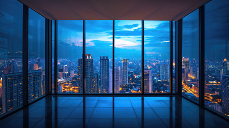 An empty room in a skyscraper and a view of the night city. Beautiful expensive property with a view.の素材