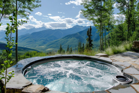 Luxury hot tub outdoor wiht mountainの素材