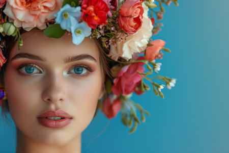 Beauty woman portrait with wreath from flowers on head blue backgroundの素材