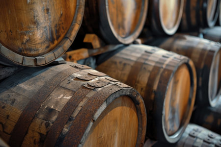 Wooden oak wine barrels stackedの素材