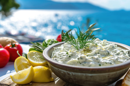 Close up view of tzatziki on Greek table, sea in background.の素材