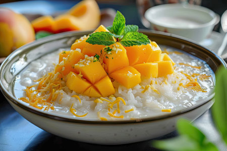 Khao Niew Mamuang or Thai mango sticky rice with coconut creamの素材