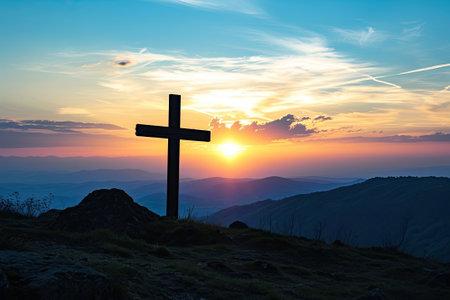 Silhouette of a cross on a hill in a mountain landscape at sunset.の素材