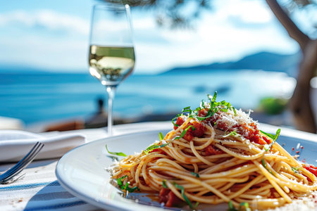 Traditional italian food spaghetti carbonara and the sea in the backgroundの素材