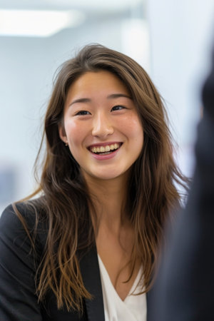 Young Japanese smiling woman in jacket. Business friendly negotiationsの素材