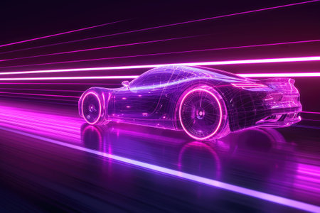 Green neon glowing in the dark electric car on high speed running concept.の素材