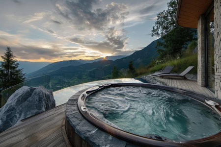 Luxury hot tub outdoor wiht mountainの素材