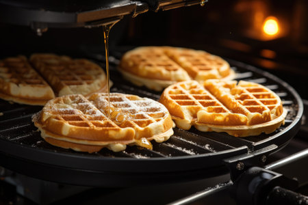 Close up of waffles baked on waffle maker iron machine.の素材