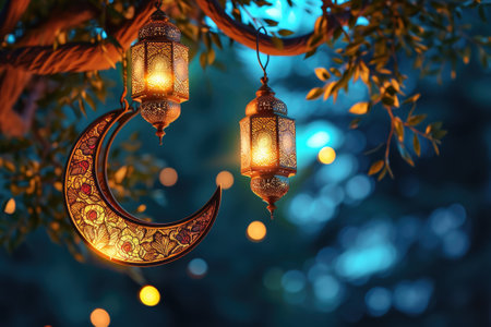 Ornamental Arabic lantern with burning candle glowing at night. Muslim holy month Ramadan Kareem.の素材