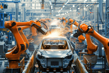 Modern car manufacturing factory, automobile assembly line, automotive industry, robotics in vehicle production, auto parts and machinery, engineering and technology in plant.の素材