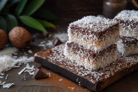 Lamingtons, sponge cake with chocolate and coconut.の素材