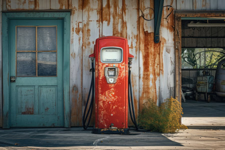 Ancient gas pump in the setting of a retro gas stationの素材