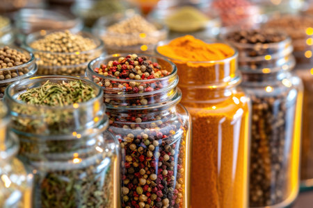 Assorted spices in glass jars. Home storage of spices.の素材