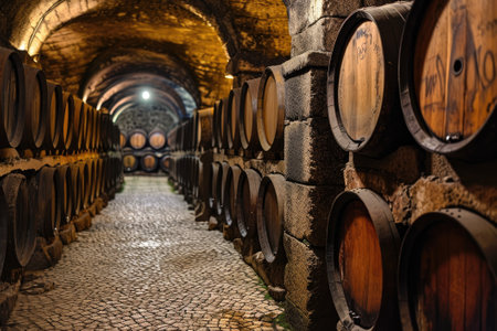 Wooden oak Port barrels in neat rowsの素材