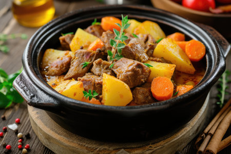Meat stewed with potatoes, carrots and spices in a pot on a wooden backgroundの素材