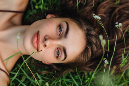 Nature portrait of a happy young woman sitting in the grass, relaxing in the park in the park.の素材