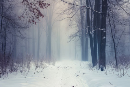Dreamy winter forest in the fog. Atmospheric mood.の素材