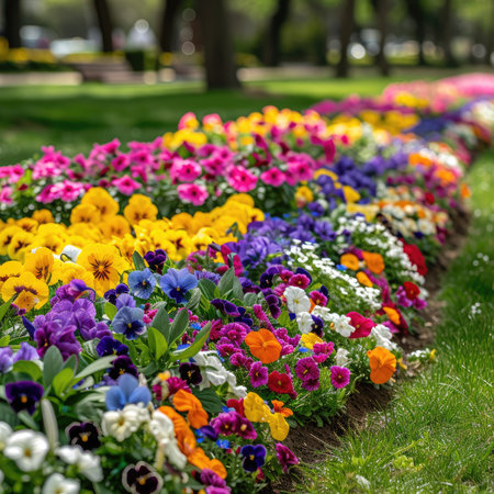 Multi-colored flower bed in the park. Outdoor summer gardening.の素材