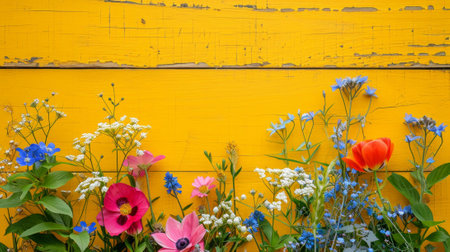 Colorful fresh spring flowers on yellow wooden background, copy spaceの素材