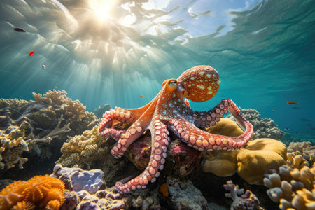 Octopus and coral reef in the sea.の素材