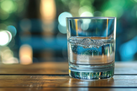 Water in clear glass on wooden table.の素材