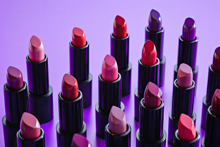 Studio shot of assortment lipsticks on purple backgroundの素材