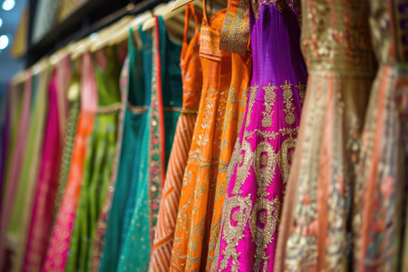 Hanging beautiful Indian dresses different colors and decoration at market, shop, boutique, bazaar, fashion clothes designer collectionの素材