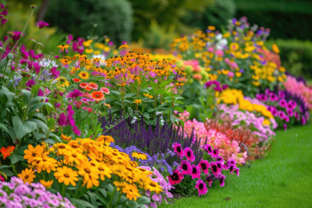 Multi-colored flower bed in the park. Outdoor summer gardening.の素材